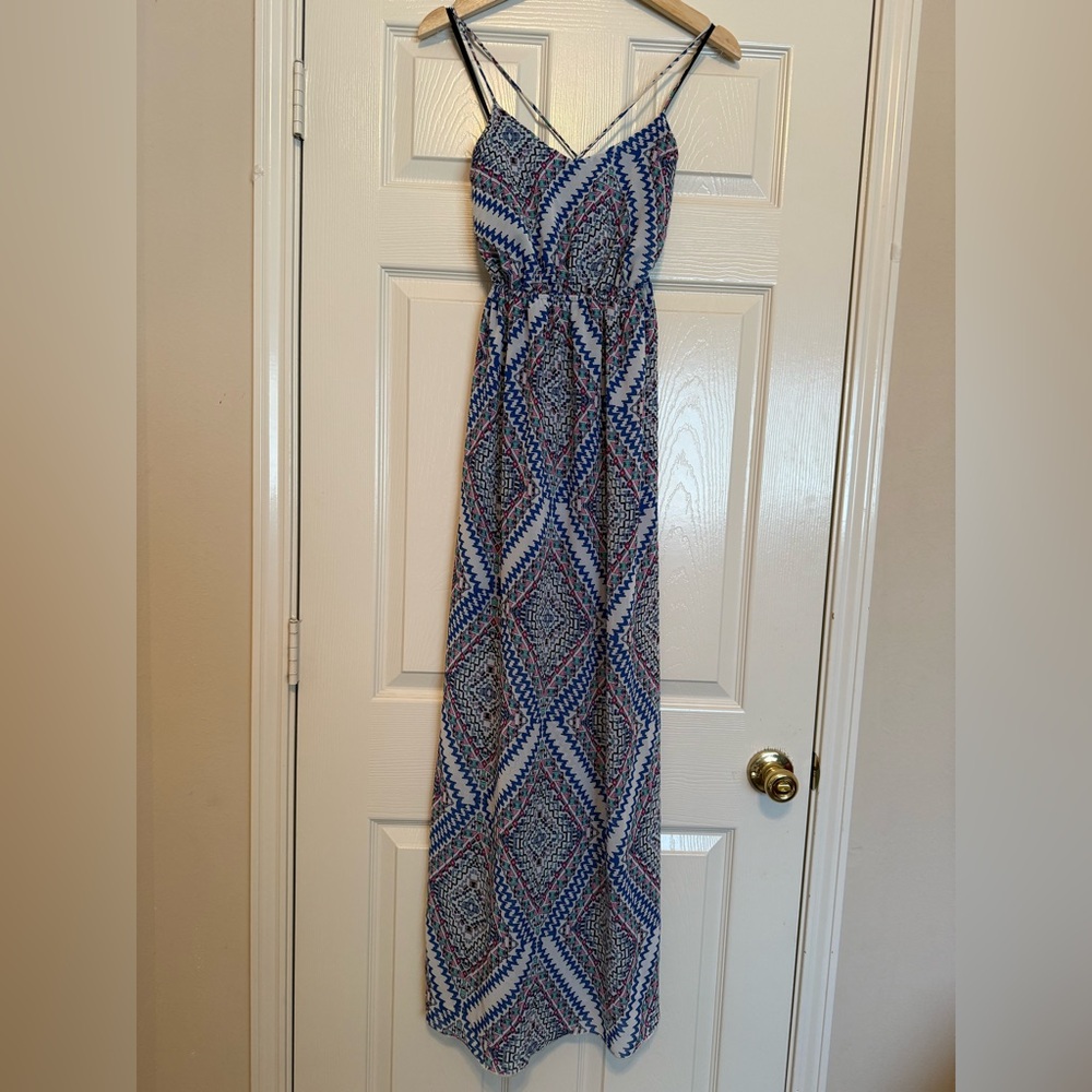 Womens Sleeveless Boho Maxi Dress S Blue Pink Turquoise Hippie  Geometric Print